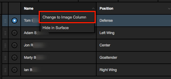 the data portion of the layer, showing the column menu open and highlighting the 'change to image column' option.