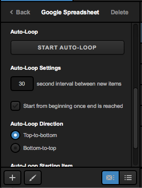 google sheet graphic layer settings showing auto loop options such as time interval, restarting, and direction.