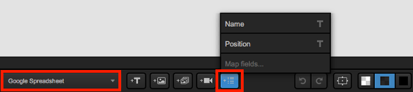 the bottom of the graphic designer window, highlighting the Google Spreadsheet layer being selected and the data dropdown menu being opened.